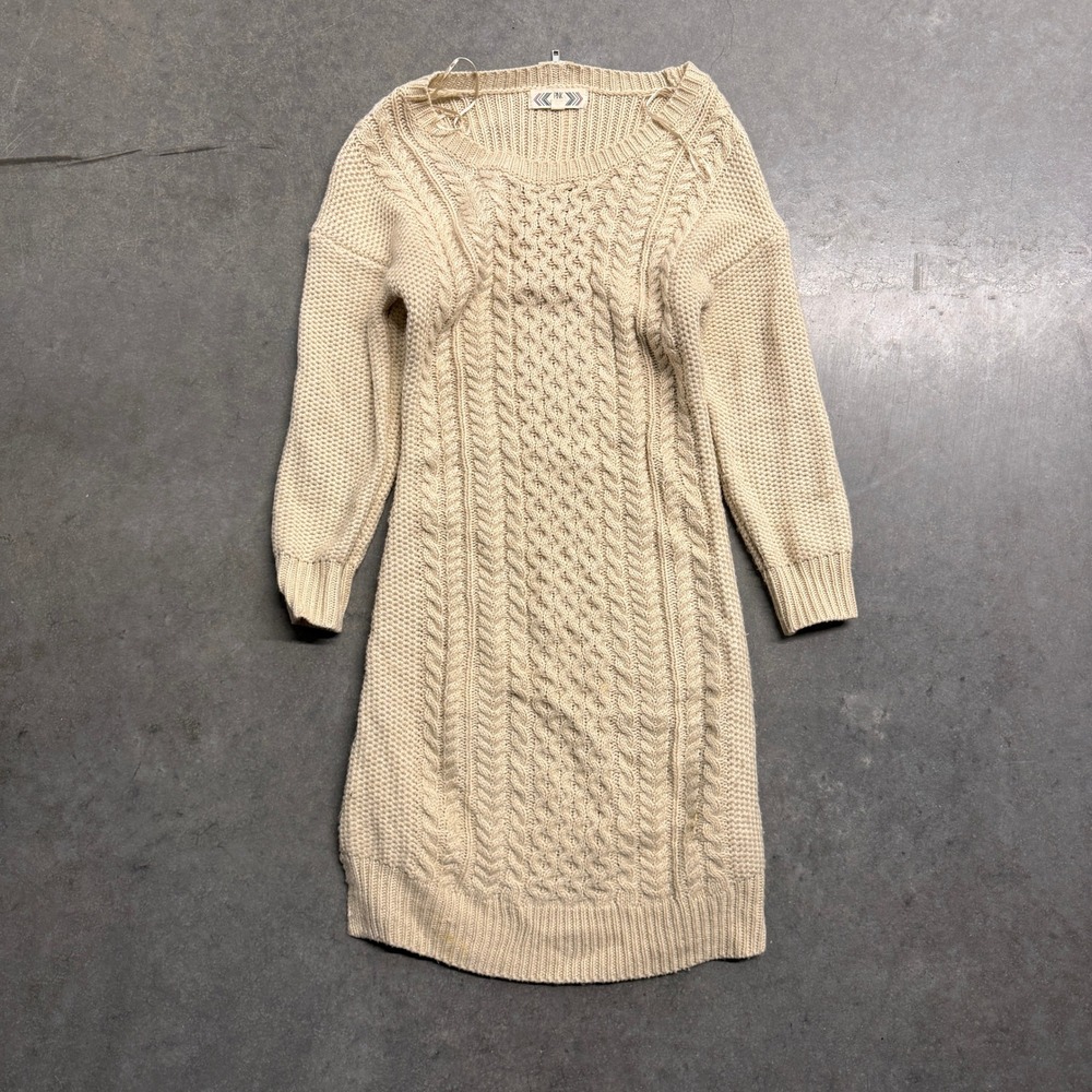 Pink Rose Cream Cable Knit Sweater Dress Long Sleeve Zip Back Beige Medium